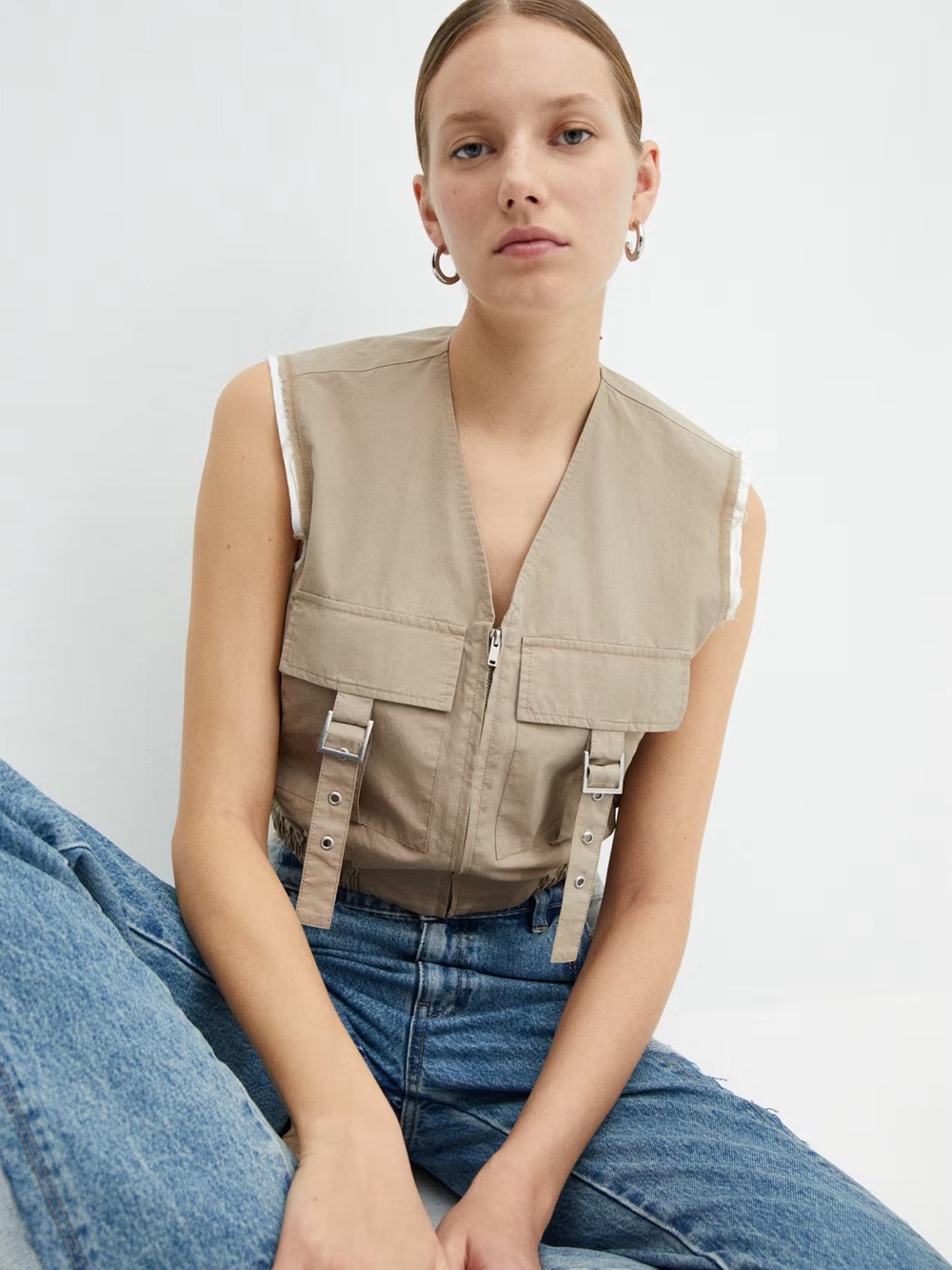 New Urban reviving mango outlet tan GILET vest CARGO POCKETS women’s 4 small